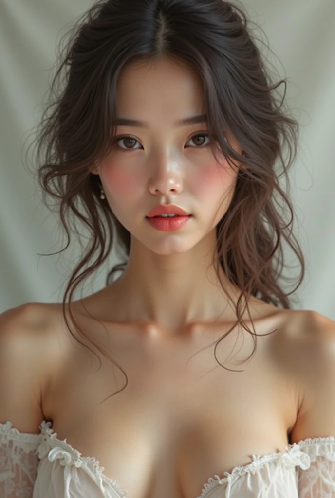 beautiful breasts, (cleavage), (1young girl), Black hair, 18yo, brown eyes, fair skin, sweet girl, cute idol, beautiful girl with beautiful details, (shiny pink lips:1.3), extremely detailed eye and face, (See-through lace costume with cute details and wide open breasts), Bare shoulders, (Bare chest, areola, nipples:1.35), Realistic, extremely detailed CG unified 8k wallpaper, ighly detailed, High-definition raw color photos, professional photograpy, Realistic portrait, Cinematic Light, Beautiful detailed, (Realistic skin:1.2), (Best Quality:1.4), Super Detail, High quality, Indoor, depth of fields,