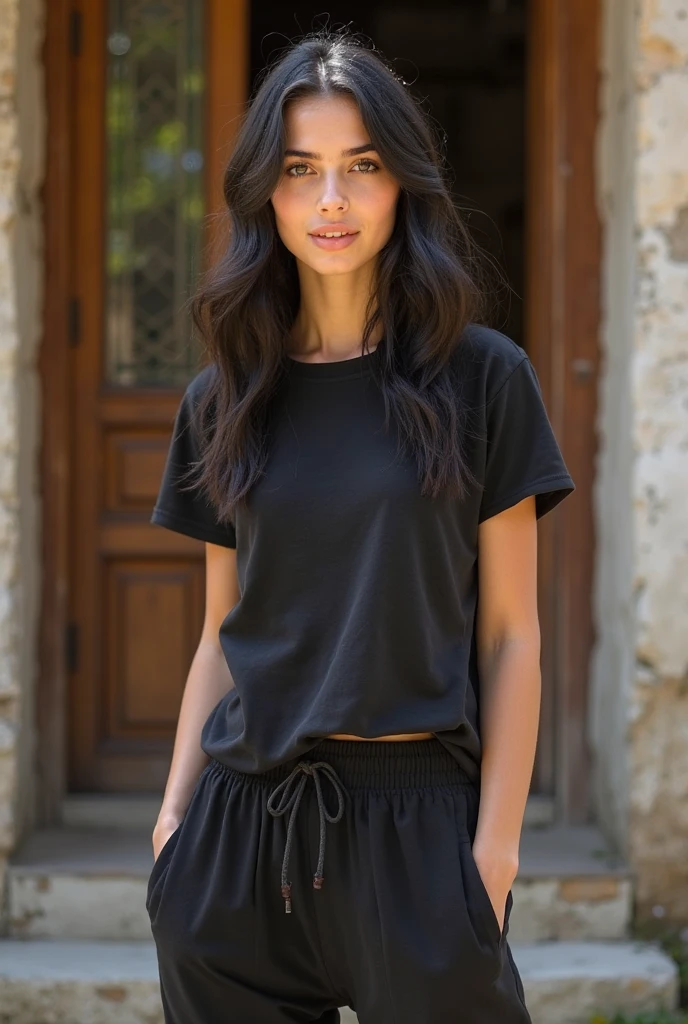 1 Mujer adulta, pelo largo, Pelo RIZADO, dyed black hair, piel suave, Brown eyes, Sonrisa, cielo, plantas, EZwear Botones en la parte delantera Blusa blanca simple ocasional, pantalones cortos beige de cintura alta, beautiful Sonrisa, ella tiene senos y culo grande, no muestra las manos en las fotos