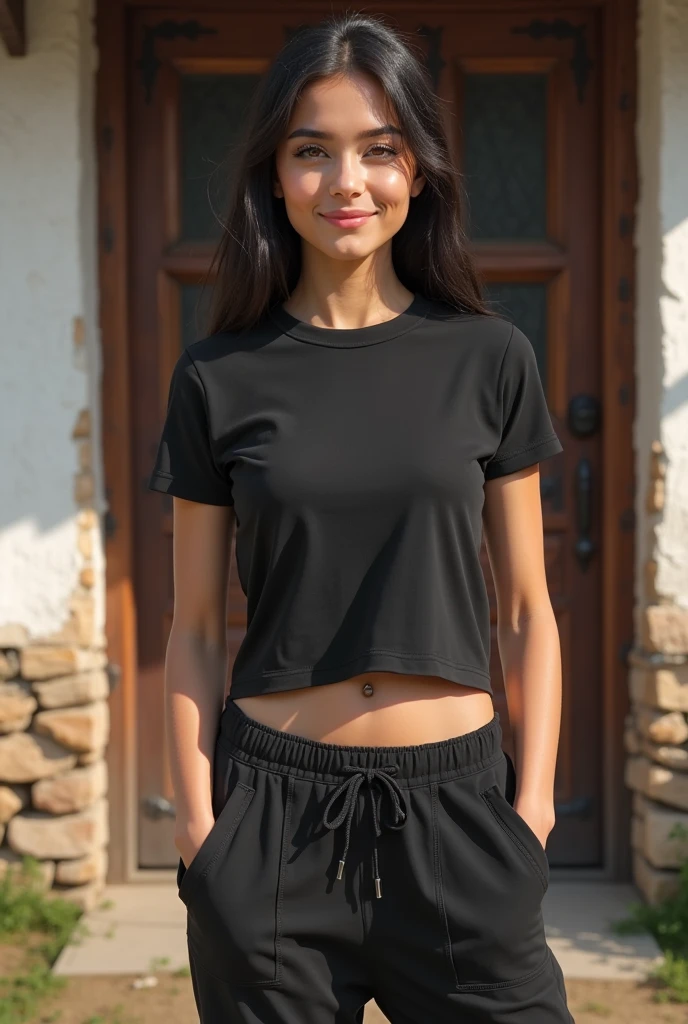 a close-up of a woman wearing a black shirt and red pants, top cut, top cut, wearing top cut, wearing a cropped tops, wearing a cropped top, usando um top cropped sexy, with torn t-shirt, wearing a top cut, Physicist : smallest belly ever, that's why, wearing a black cropped blouse