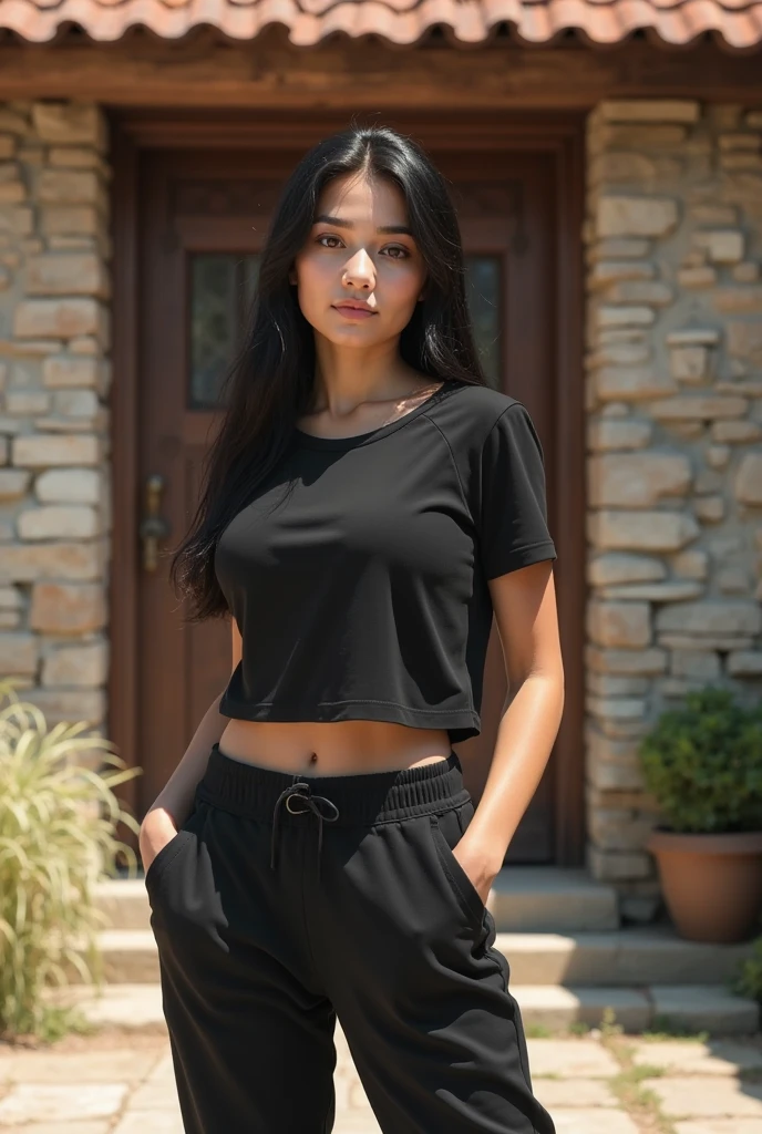 A woman is wearing military short shirt, short pant tight fitting she is looking hot and background black