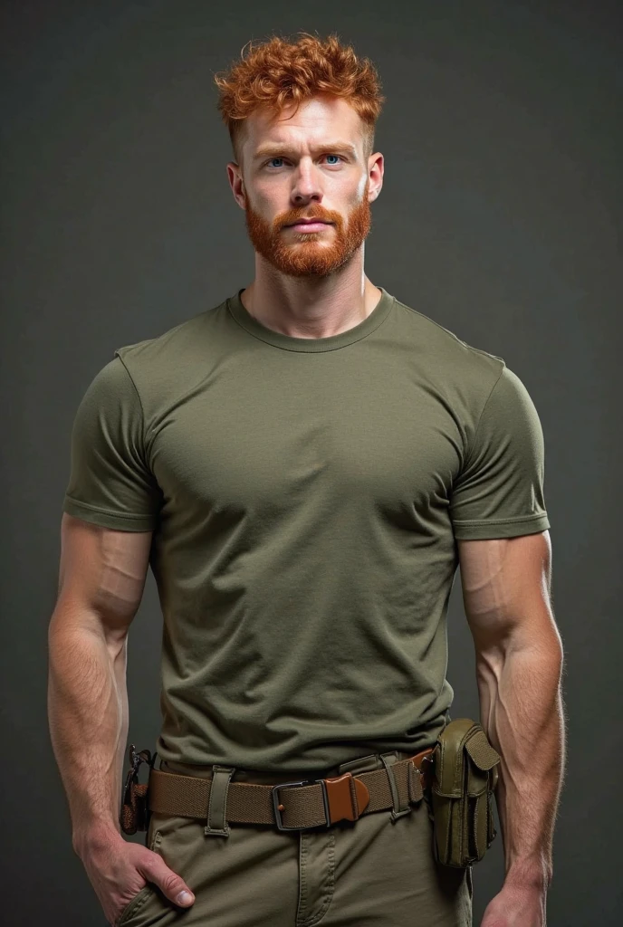 A red-haired man, body healed, Face with freckles, wearing no shirt, camouflage military pants