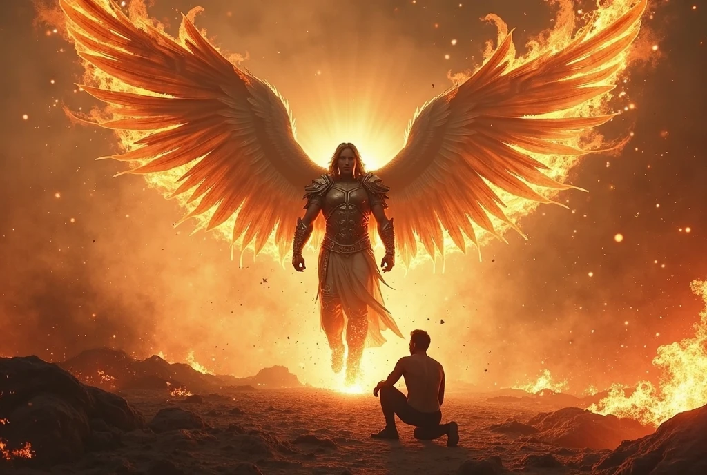 an image of the angel Michael the Archangel, with a sword in hell, angel in hell, archangel, Angels vs Demons, angel watching demon, Angels and Demons, angel protecting man, Arcanjo Miguel, the angel of death, Battle between Angels and Demons, super wide angel, epic angel wings, angels protecting a praying man, human need death angel. ((epic image)), ((high qualiy)), glowing light eyes, Biomechanics, weirdcore, frightful, nightmarish, very bright colors, light particles, with bright light, Mshiff, Wallpaper Art, UHD Wallpaper, Arcanjo glowing light eyes, Biomechanics, weirdcore, frightful, nightmarish, very bright colors, light particles, with bright light, Mshiff, Wallpaper Art, UHD Wallpaper