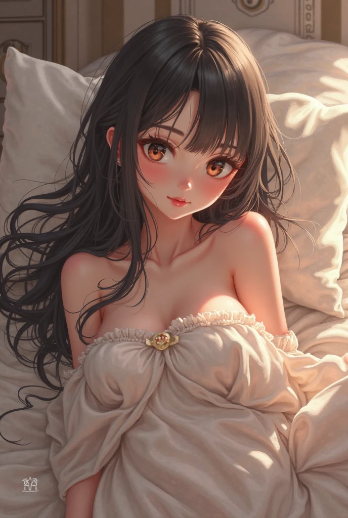 best quality, highres,Slender、Brown eyes、tall、Black Hair、(Bangs:1.3)、(semi-long:1.3),Straight Hair、Luxury Hotel、(naked:1.4)、On the bed、Lying on your back、Dark Room、night、Embarrassed