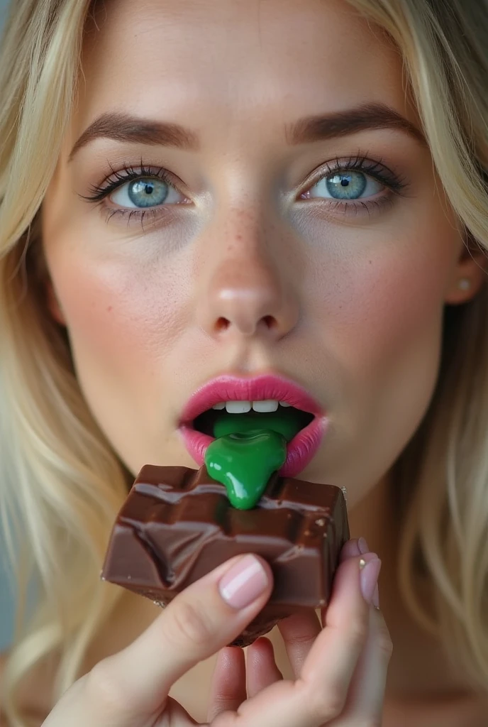 young woman with slanted green eyes, with platinum hair, licking a chocolate bar