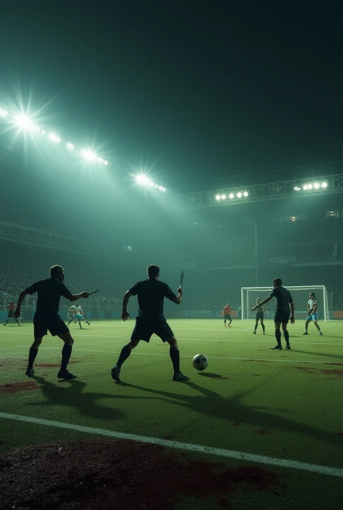 Blurred football stadium, symmetrical light, ball kick in slow motion for photo, ball in high rotation, goalkeeper in the background