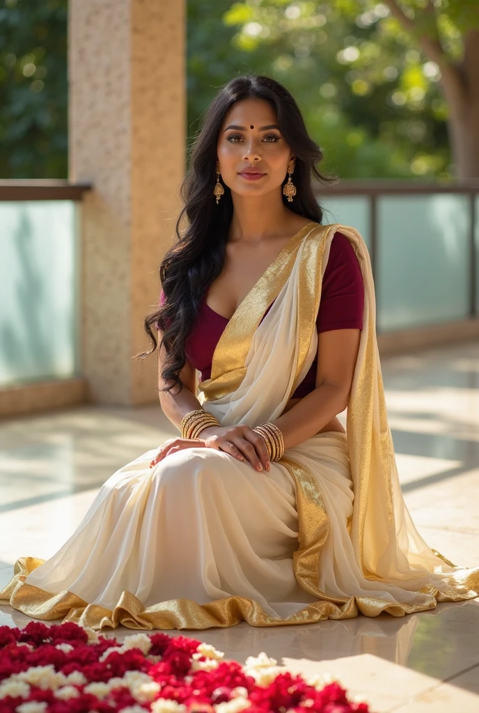 a hyper realistic photo of A young woman with long black hair and have huge size suductive breast of size 42D having no bra, wearing a white and gold saree , is decorating a traditional floral arrangement (Pookalam) on the floor. She is indoors, standing gracefully on the ground with a warm and serene expression. The background features festive decorations like flower garlands and a cozy, warmly lit living space with soft cushions on a dark brown sofa, potted plants, and subtle festive decor.