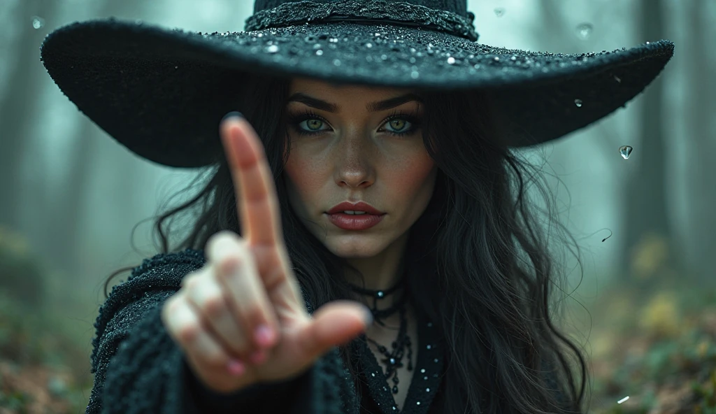 beautiful detailed eyes, beautiful detailed lips, extremely detailed eyes and face, long eyelashes, 1 female witch, elegant witch, sexy witch, witch on broomstick, witch pointing finger at viewer, golden eyes, intense seductve gaze, full body, dark fantasy, dark magic, dark witch, moody lighting, dramatic lighting, cinematic lighting, highly detailed, intricate details, fantasy art, digital painting, hyper realistic, masterpiece, 8k, photorealistic, cinematic, dramatic, mystical, magical