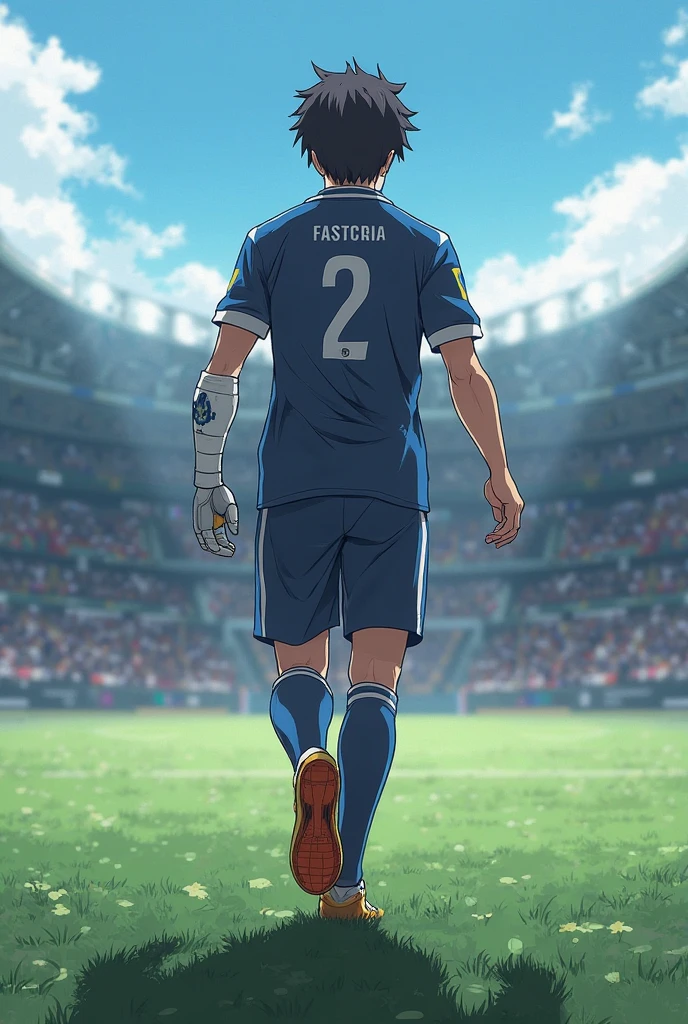 A footballer stands on the field, Turn your back to the camera，Wearing blue number 10 shirt，In the distance are spectators in the stands