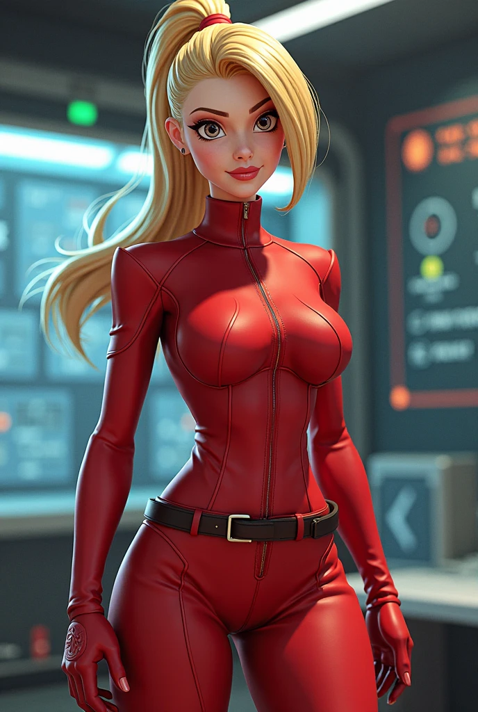 best quality, ultra high res, (photorealistic:1.4), 1girl, solo, clover \(totally spies\), blonde hair, short hair, blue eyes, red bodysuit, belt <lora:brj-clover-v1:0.8>