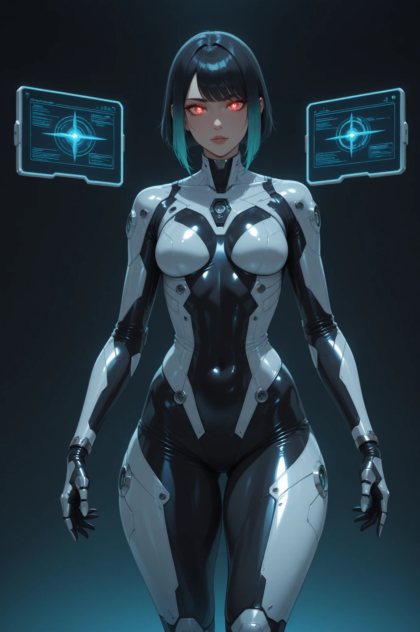(From the front:1.5), (1机械女孩:1.5),whole body, Solitary, Slim waist, Thick thighs, (machine made joints:1.2),(Mechanical limbs:1.1),(Blood vessels connected to the tubes),(A mechanical vertebrae attached to the back),(Mechanical cervical fixation), Light on armor, Mecha head mirror, (Glowing arm:1.5), (Laser Eyes:1.5), Poker face, Huge breasts, rich and colorful,Human Development Report, Ray Tracing, nvidia RTX, Super Resolution, Unreal 5, Subsurface scattering, PBR Textures, Post-Processing, Anisotropic filtering, Depth of Field, Maximum clarity and sharpness, Rule of Thirds, 16K Raw, (Glowing particles:1.4), Extremely detailed的 CG, Unity 8K wallpaper, 3d, lighting, lens flare, Reflection, Clear focus, Cyberpunk Art, Practical, highly detailed CG illustration, Extremely delicate and beautiful, light, (photoPractical:1.5), (Dark background:1.5),Dynamic Angle, masterpiece, best quality, Extremely detailed, illustration, 详细的light, dramatic_shadow,face shadow,Very detailed,The best show,