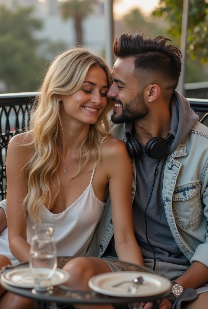 2 person date shisha bar at night. Lovely couple. slim blonde woman wearing summer mini dress with rhinestones and lace. The man is wearing a shirt . He has brown hair. Both look forward into camera photorealistic details. Looking at camera close-up