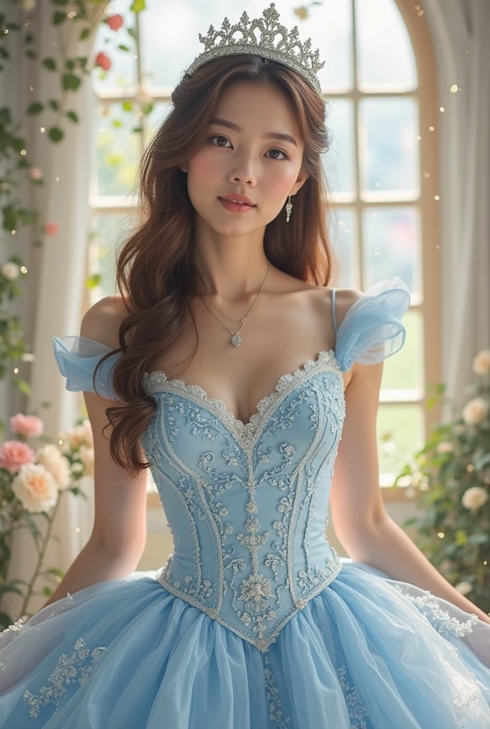 25years old beautiful-looking girl little smile, wearing Stage Outfits ,(( one standing Celeste Verona looking at camera)), simple one colour background