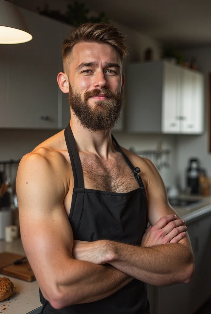 a Highly Detailed full body Photo of a lean male Barista working hard in a cafe, naked only in a dark green apron, people and cafe table in the background, ((extreme close up)), (pale), 1boy, solo, (detailed Face), (perfect detailed eyes:1.1),  focus on face, focus on eyes, bright eyes, (highly detailed skin:1.1),  handsome, hot, perfect athletic body, Modelshoot style, Professional Photography,  PHOTOREALISTIC, Cinematic, Realistic, sunset, RAW, analog, sharp focus, raw, 8k uhd,   high resolution, DSLR, high quality, Fujifilm XT3, award winning, masterpiece   <lora:jeremyWhite_v10:1>