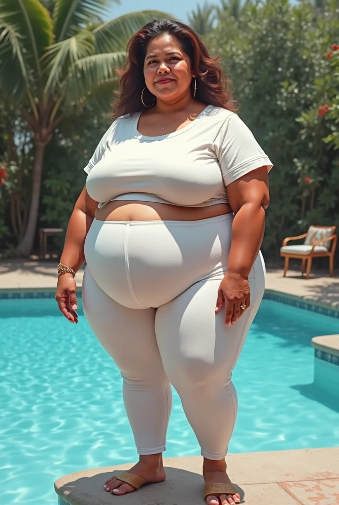 Extremely Hyperpregnant Panamanian woman with huge belly wearing a dress
