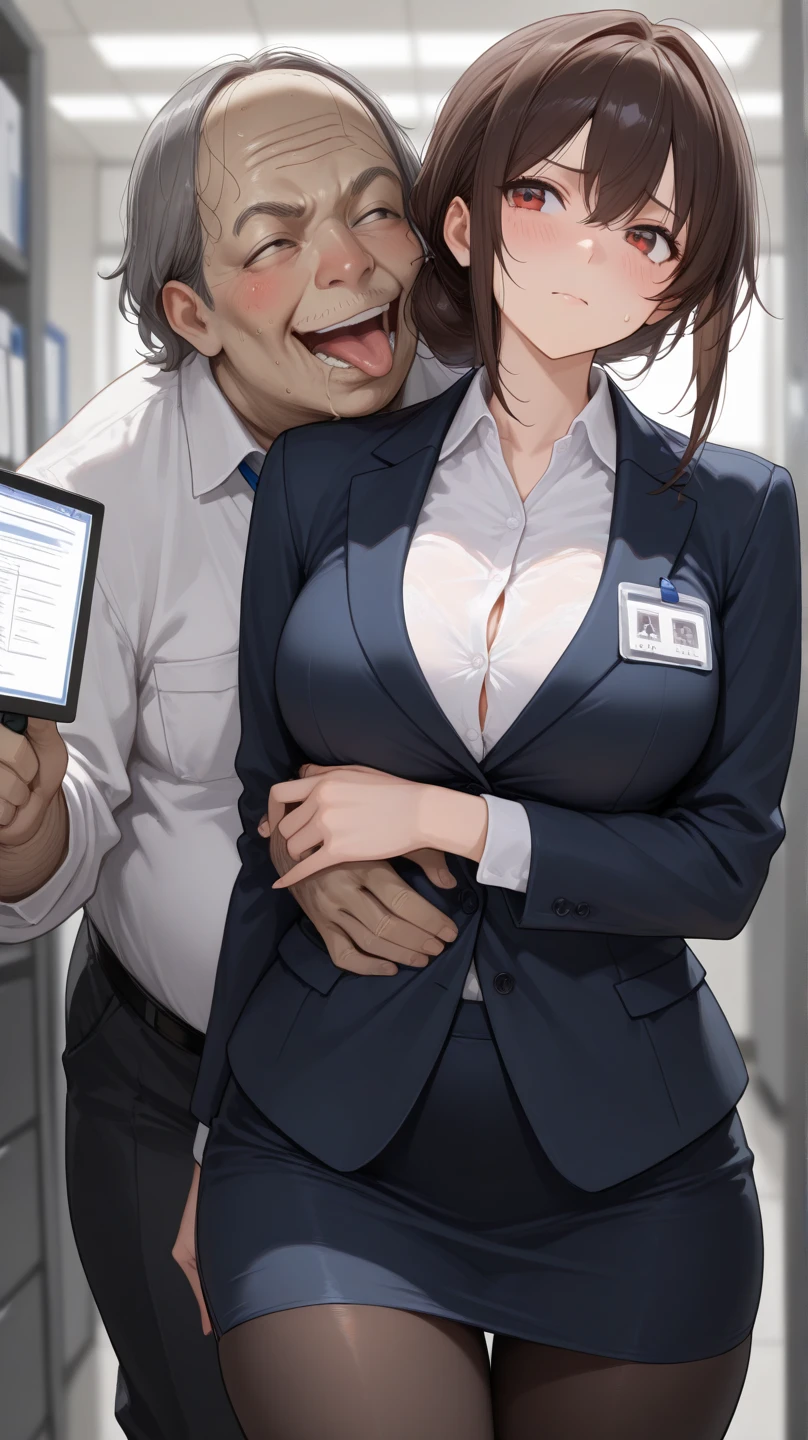 shinkai makoto, kimi no na wa., 1middle age man, wrinkle face, black hair,bangs swept to the right side, office suit, middle aged man caressing girl's body, kiss cheeks, passionate hug, boy is hugging from behind, chestgrope from behind, middle aged man is touchig girl's chest, hold chest, 1girl, nude, bangs, black hair, brown eyes, Twisted Half Up Hair, red ribbon, long hair, nipples, medium breast, storage room, indoors, masterpiece, perfect anatomy, cowboyshot