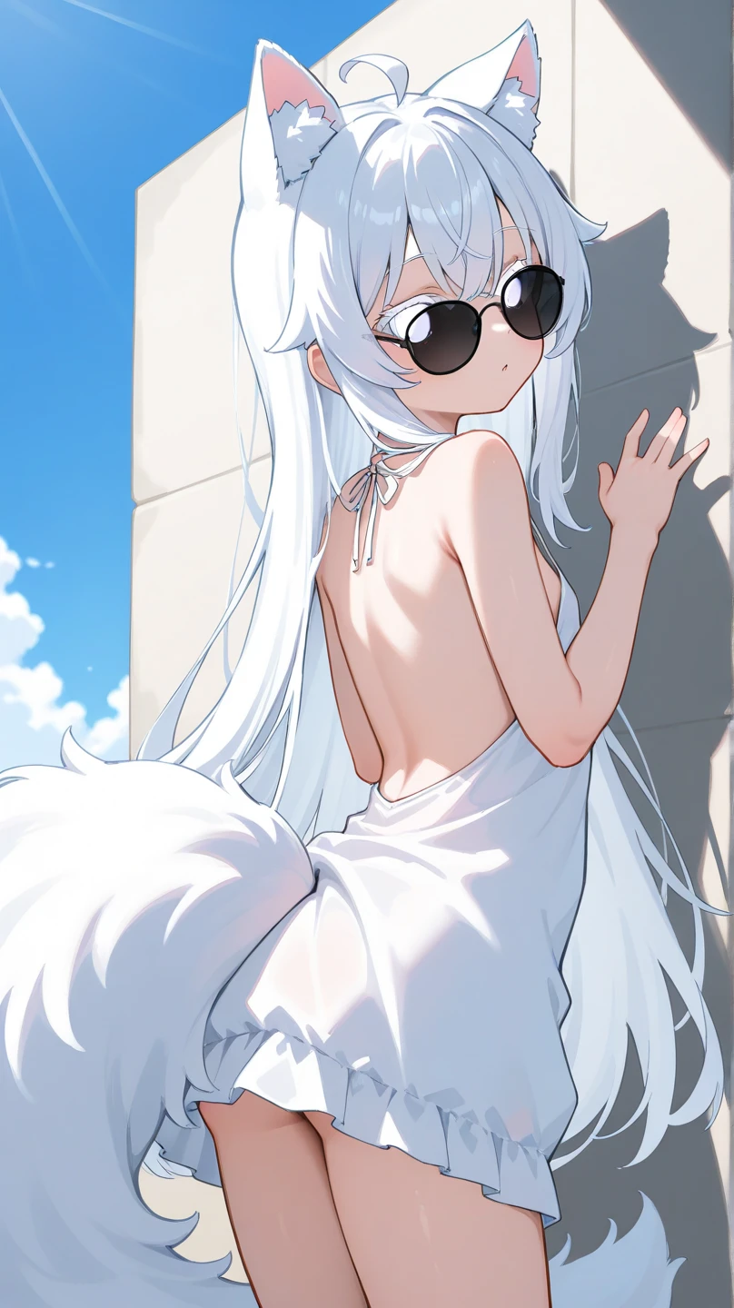 Naked woman with long white hair on the street anime 8k