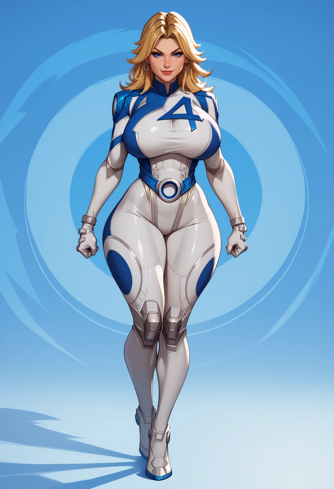 Score_9, Score_8_up, Score_7_up, Score_6_up, Score_5_up, Score_4_up, Quality_masterpiece, Absurd res, Anatomically correct, Beautiful face, Perfect face, Highly detailed beautiful face and eyes, Attractive face, Detailed face, Delicate facial features, Detailed skin, Gigantic breasts, Thick thighs, Skindentation, Solo focus, Standing, Full body, Front view, Sexy, Seductive smile, Half-closed eyes, Shiny skin, Shiny body, Shiny hair, Bubble breasts, Cleavage, Narrow waist, Nice legs, Bodysuit, White bodysuit with blue details, Gloves, Belt, Earrings, Long blonde hair, Blue eyes, Eyeliner, White clothes, Dynamic pose, Geometric shapes in background, Detailed background, High quality, 4k resolution
Character: Sue Storm from Marvel Rivals (invisiblewoman_rivals), 1girl, looking at viewer