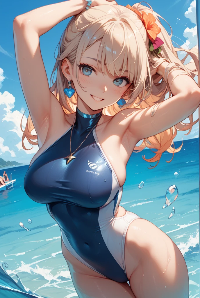 1 girl, hanging breasts, Huge breasts, bikini teasing,looking at the audience, Smile, Sky,ocean,Swimsuit under clothes, From above, Nipple adjustment, Areola,large Areolae,