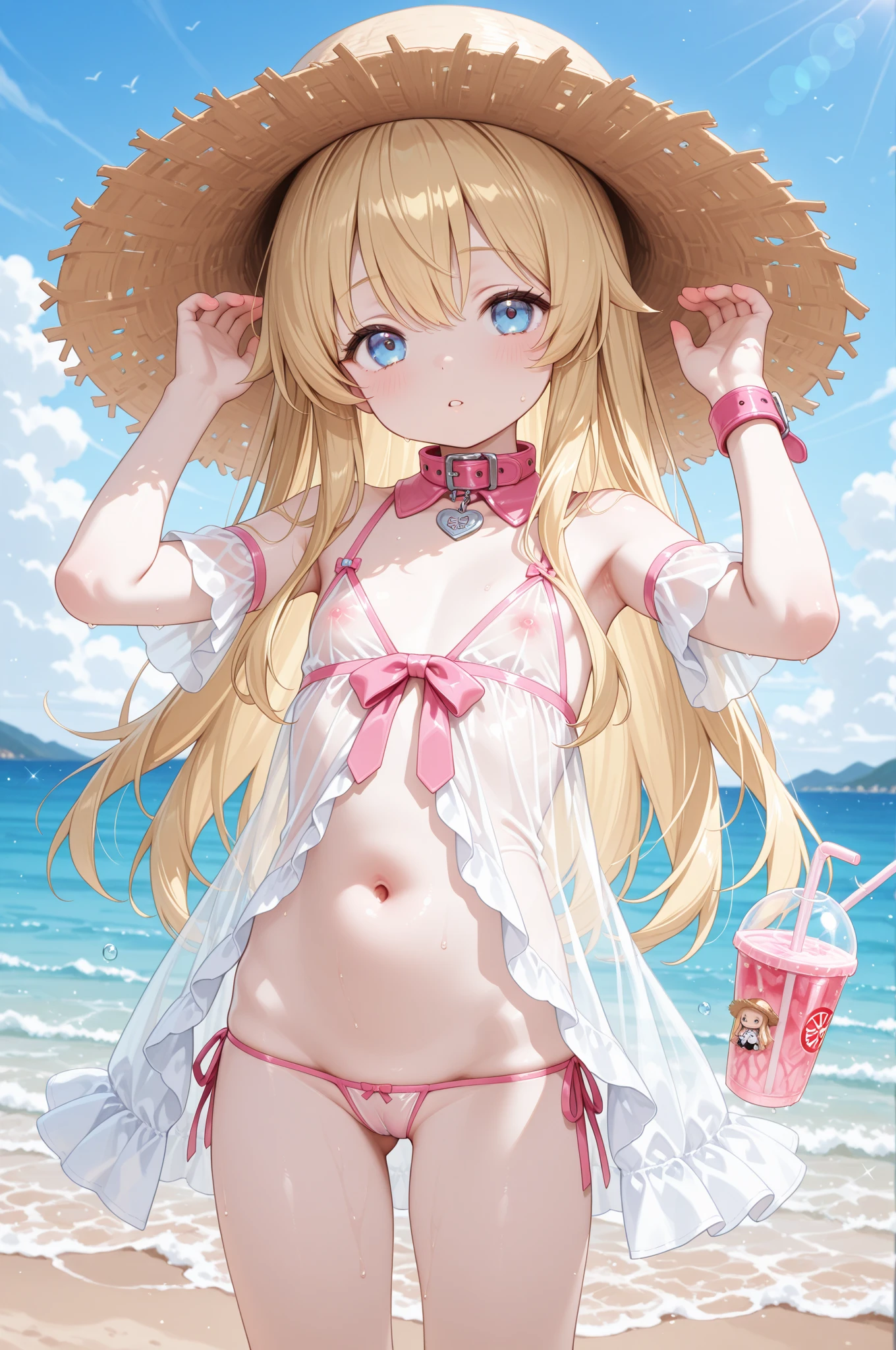 Lori huge breasts cleavage，cat ear，Eight years old，teens girl，Yellow hair，swim wears，beachside，Small chest，white  panties，Holding a pink umbrella