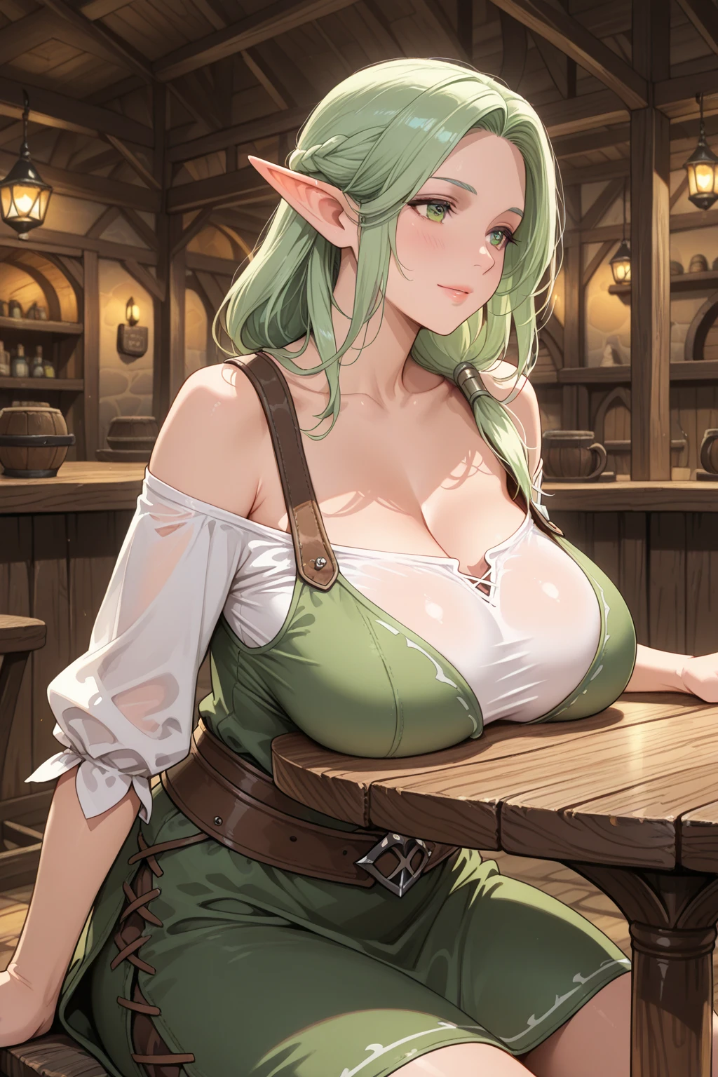 ((masterpiece, best quality)), (elven ears), female elf, female blonde elf with blue eyes in a crowded tavern, stunning character art, character art, of a beautiful female elf, athletic body, muscular:1.3, Well trained, abs, epic exquisite character art, character art portrait, rossdraws 1. 0, high quality digital concept art, beautiful female warrior