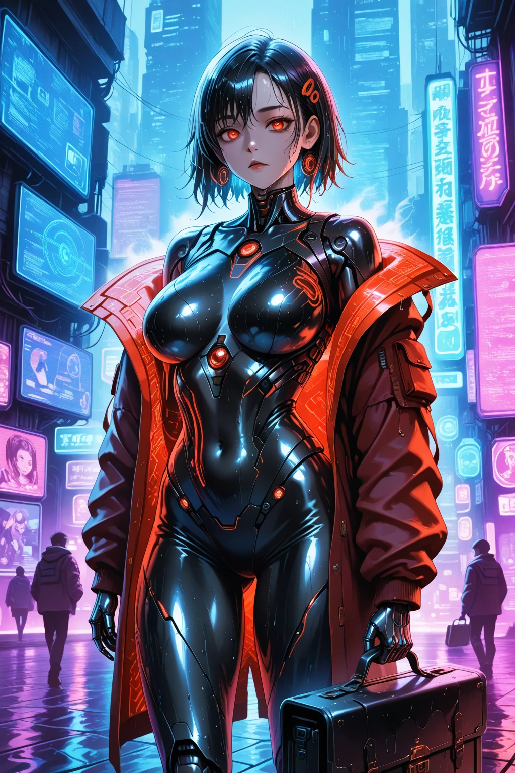 female, cyberpunk scene, woman criminal, dangerous (yakuza:1.2) android prostitute wearing glossy black mecha bodysuit, detailed silk cape,sleek (visor:1.2) hi-tech, intricate designer lingerie, red lipstick, (neon red sun:1.1), orange sky, <lora:nijiarmor:0.9>
