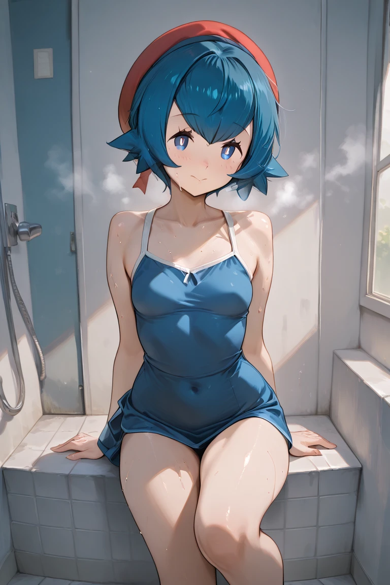 1 girl, cute, young, green hair, bob haircut, green eyes, One-piece Swimsuit, thigh high,