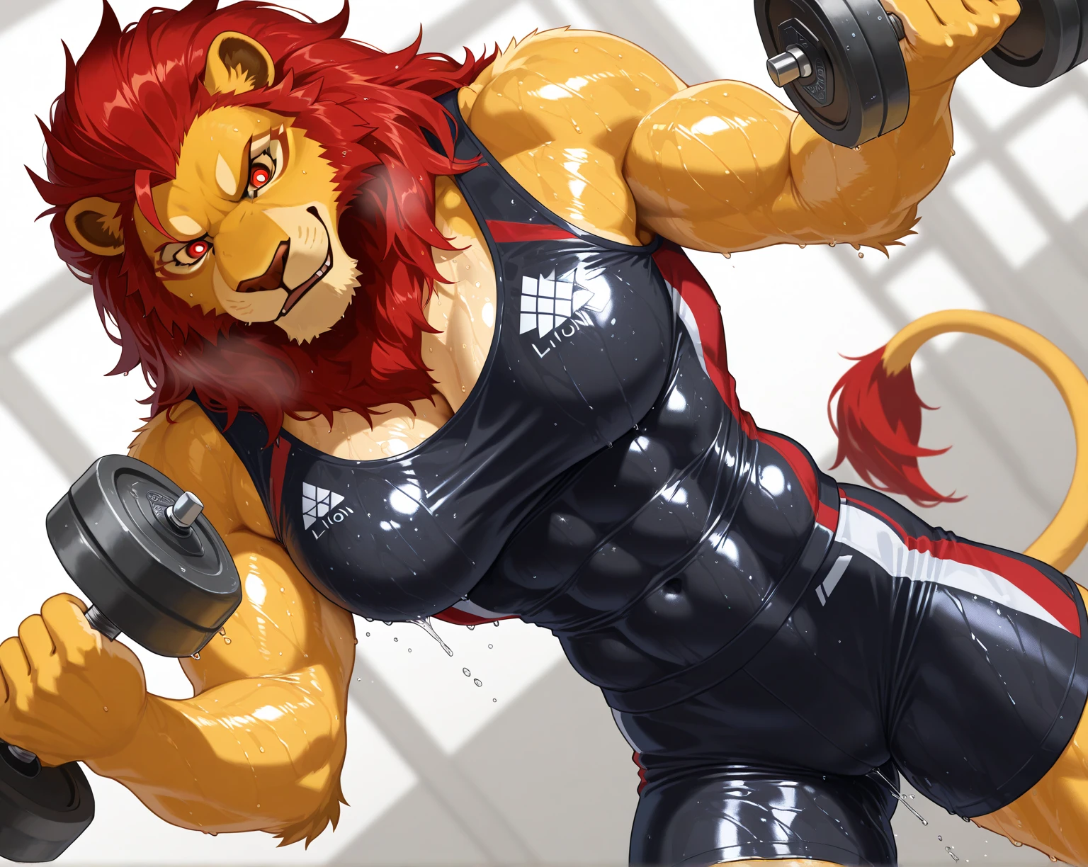 ((solo)), anthro lion (lora; simba), adult, (athletic:1.4), (dense muscles), (correct anatomy:1.2), (broad shoulders:1.2), (bodybuilder, heavy build, massive body:1.4), (realistic fur, detailed fur texture:1.3), detailed background (gym:1.3), photorealistic, (black compression shorts), (bare torso:1.4), (detailed clothing), hyperrealistic, ultradetailed, by kenket, natural lighting, (sweat, wet, exhausted:1.4), feline head (open eyes, red mane), (steaming breath:1.4), flexing