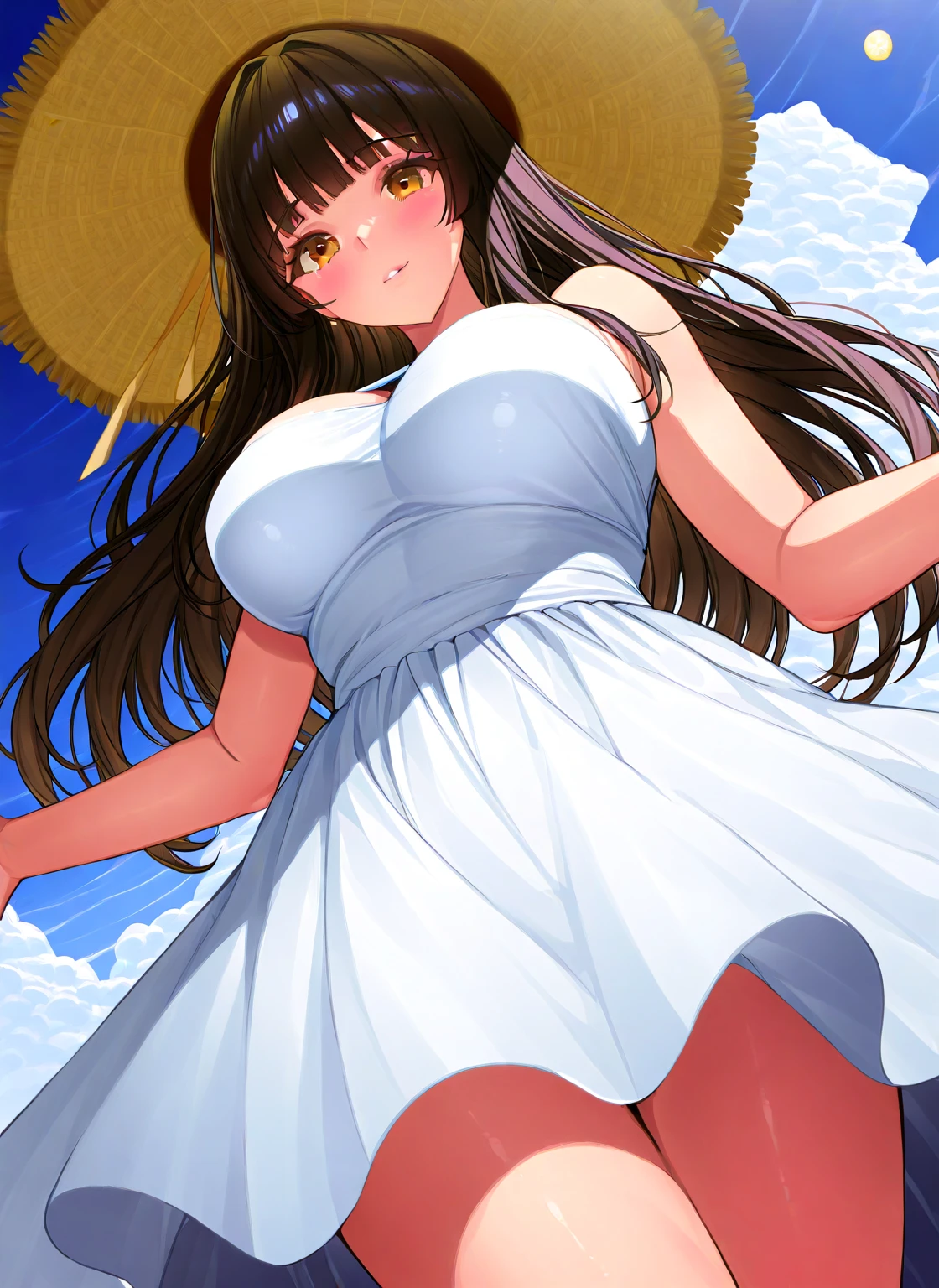 Anime girl, thick and curvy, long curly brown hair with bangs, brown eyes, pastel coquette aesthetic
