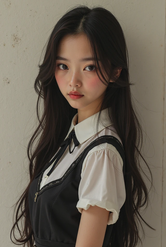 1girl, black  random formal attire, white background,  <lora:pimkrp-02:1>
