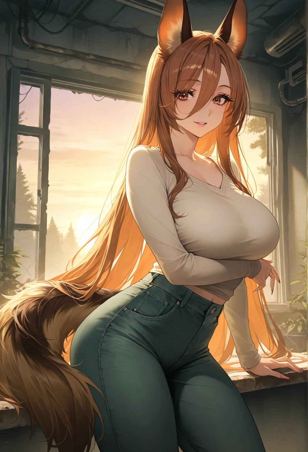 1 mujer. Raphtalia woman 24 years old orange blonde hair, orejas de oso, red eyes like rubies, piel clara, pechos grandes desnudos, usa un pantalones de baquero color mezclilla, pechos desnudos, cocky smile. fondo fuegos altriciales de noche. una sola mujer . mujer sola.