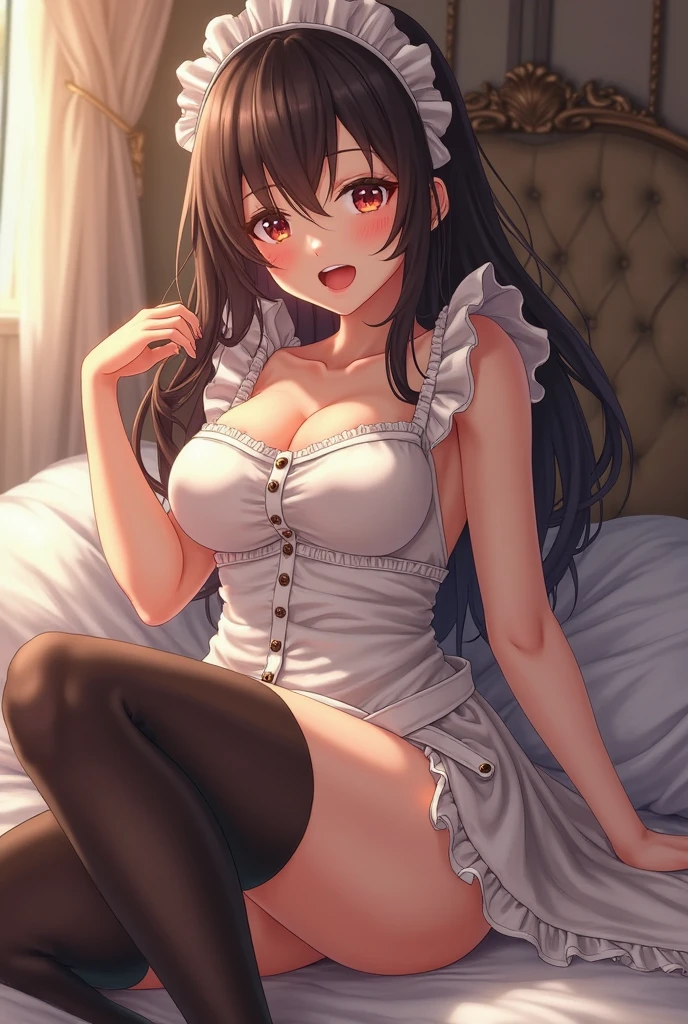 Young Italian girl, long brown hair, gigantic breasts, small torn blouse that does not contain the breasts, black miniskirt, lying on the bed, her breasts are tied together, and her arms and legs are tied to the bed, she has a slave collar