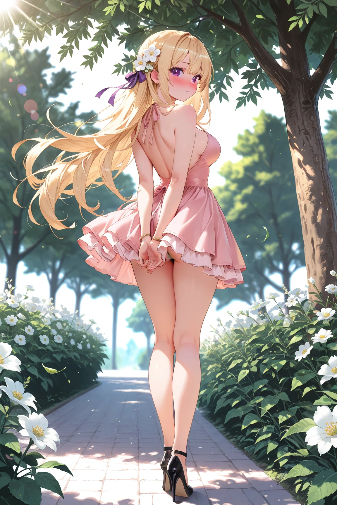 top-quality、extremely delicate and beautiful、Soio、Soio、8-year-old little girl、Americana、Lori、Chiquita、noble、elementary student、a blond、((Pink leotard))、(highleg)、Golden tiara on head、A smile、is standing、Facing the front、background is cherryblossoms