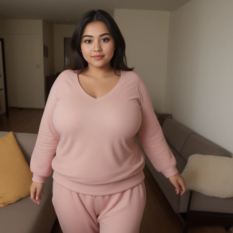 UHD, ultra high resolution, photo realistic 1.4, A glamorous young African American lady who is 26. She has brown hair that is long and straight. Her small eyes are light brown. She has brown skin, Carmel skin. Her body is chubby and curvy. She has a curvy, plus sized body. She is wearing dneon purple and turquiosd , oversized, cozy pajama dress sweatshirt. She is wearing neon colors. Neon black lights. Glow in dark. She is playing video games.