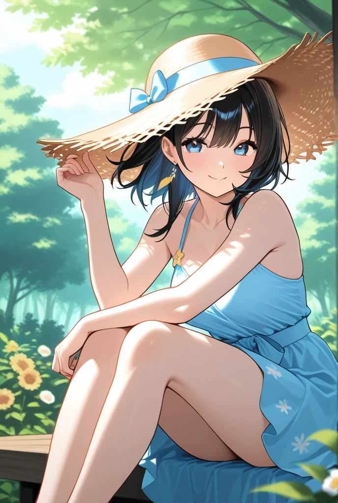 Pretty little sister，Half of the body submerged in the surface of the water，Worn in transparent blue，Ducklings around、swim ring，and marine animals、Trees and corals。