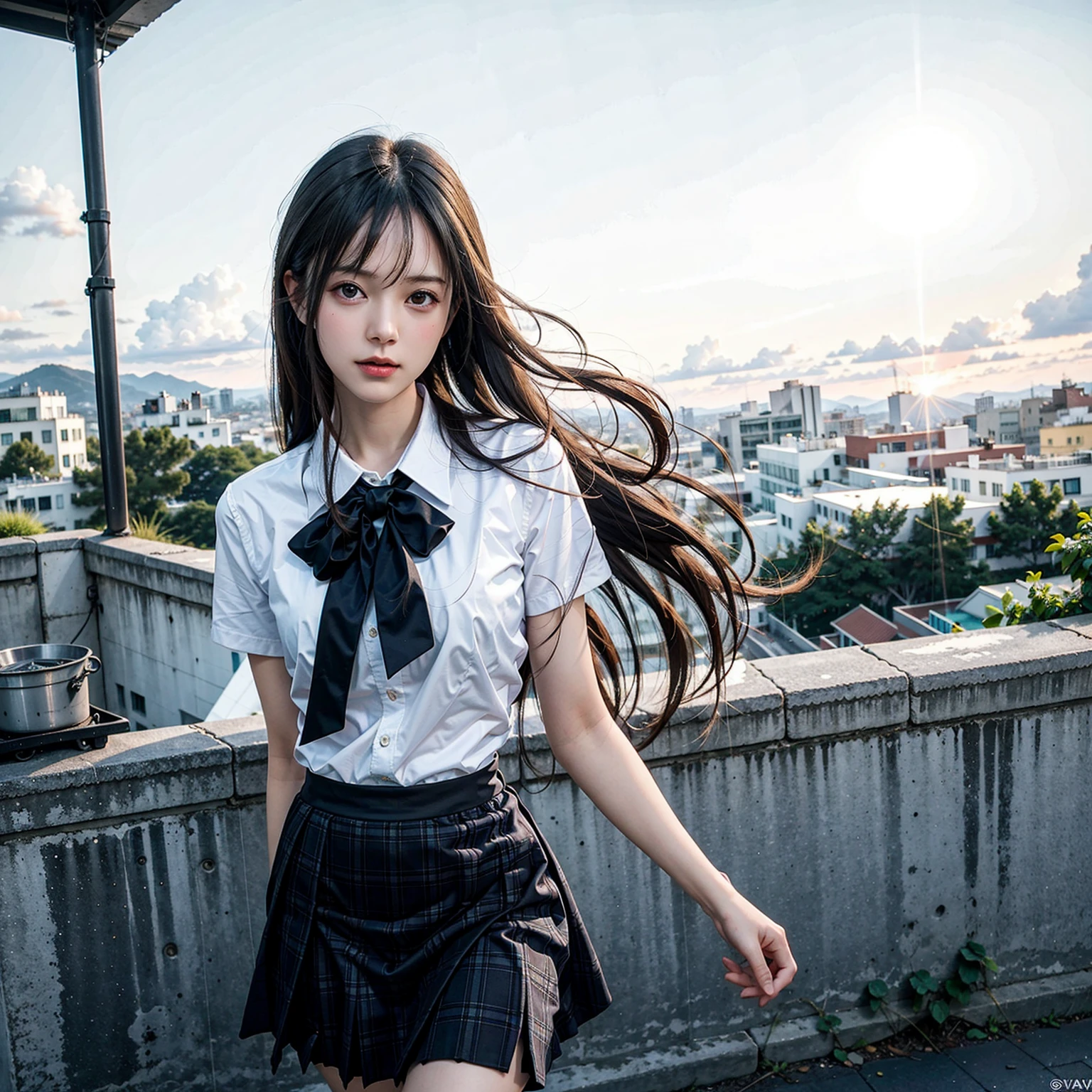 (top-quality,​masterpiece:1.3,超A high resolution,),(ultra-detailliert,Caustics),(Photorealsitic:1.4,RAW shooting,)Ultra-realistic capture,A highly detailed,High resolution 16K human skin close-up。 Skin texture is natural、,The pores are、Must be detailed enough to be easy to identify。 Skin should look healthy with even tones。 Use natural light and color,女の子1人,School rooftop,japanes,17 age,Japanese ido,A dark-haired,short-cut,Summer Uniform Sailor Suit,Plaid pleated skirt,white  panties,White socks,Slippers,Embarrassed look,((The wind is blowing strongly:1.4)),((Skirt flutters in the wind:1.7)),((I can see my panties:1.6)),((Hair fluttering in the wind:1.3)),Low position,Composition looking up from directly below,Sunset sky,natural soft light