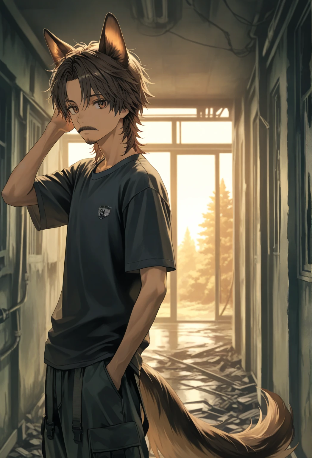 solo, 1boy, male, arm behind back, annoyed, dim light, outdoors, <lora:kotoyama_style_v01:1>
