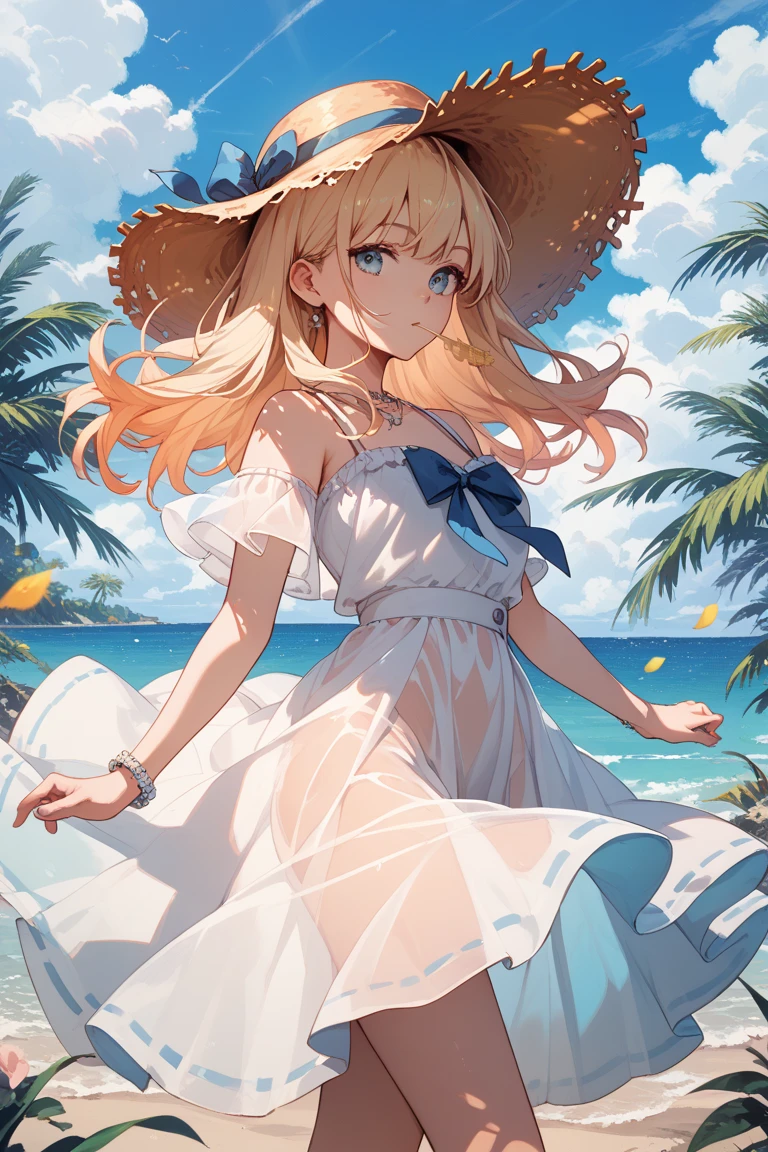 (Masterpiece) 8K resolution, very beautiful girl strolling on a popular beach, holding a straw hat that is about to fly in the wind, platinum blonde bob hair, hazel eyes, blue eyes, dress, anime style, model style,