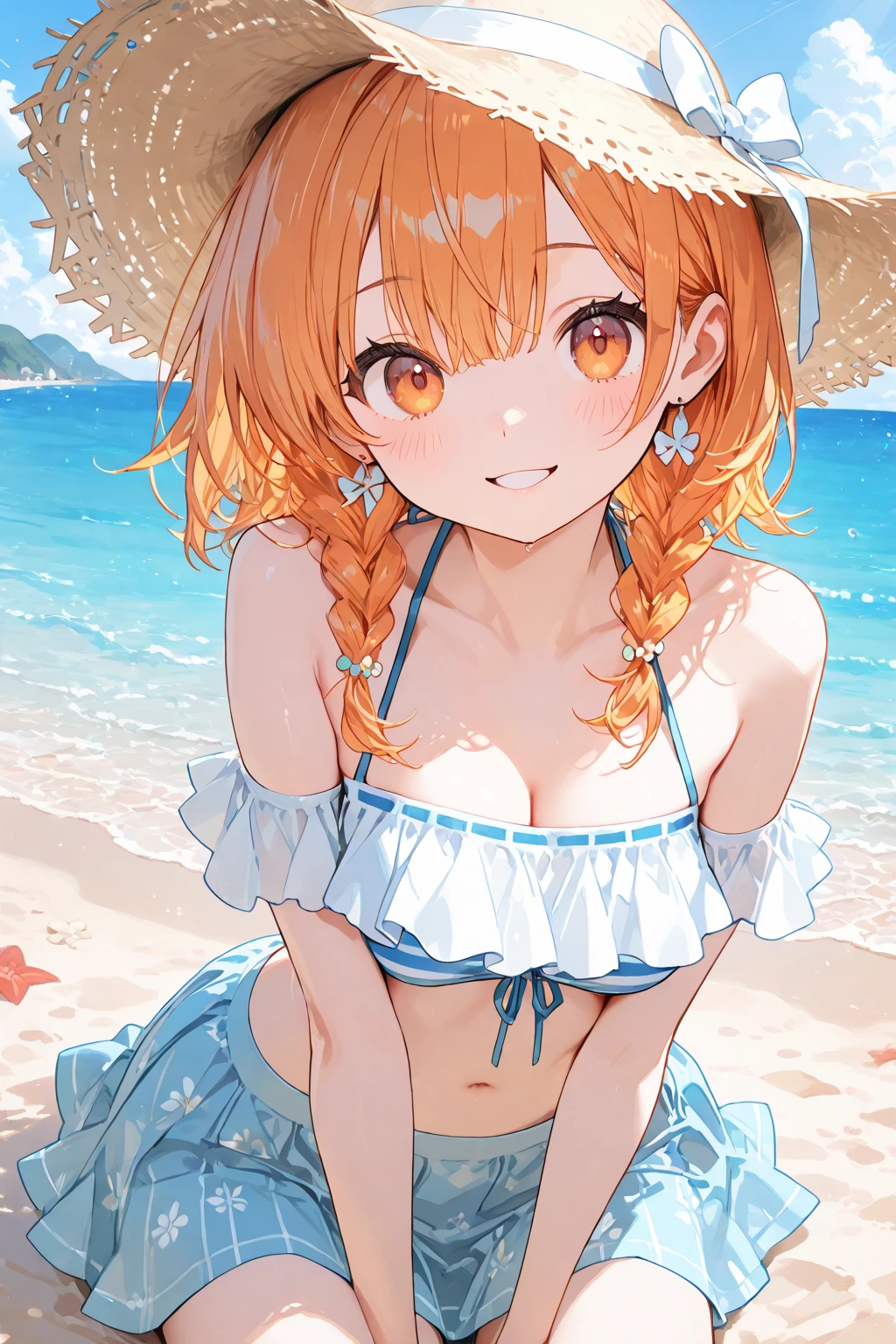 (masterpiece, vibrant, detailed, highres:1.2), 1girl, long hair, orange hair, high pony tail, hair pulled back, blue eyes, small breasts, laying down, from above, beach, sunny, blue sky, ocean, waves, sand, single-shoulder one-piece swimsuit, <lora:OneShoulderOnePieceSwimsuitV1:1>