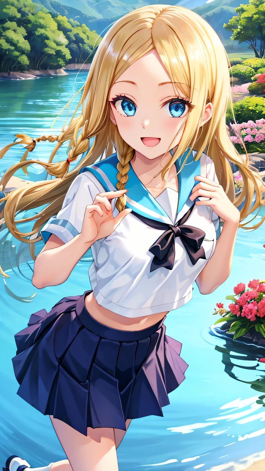 femele,１Child 0 years old,Golden head hair,wide open legs,half squatting,maikurobikini,Side Up Ponytail,Blue eyes,Mansuji,A smile,Facing the front,  are see-through,