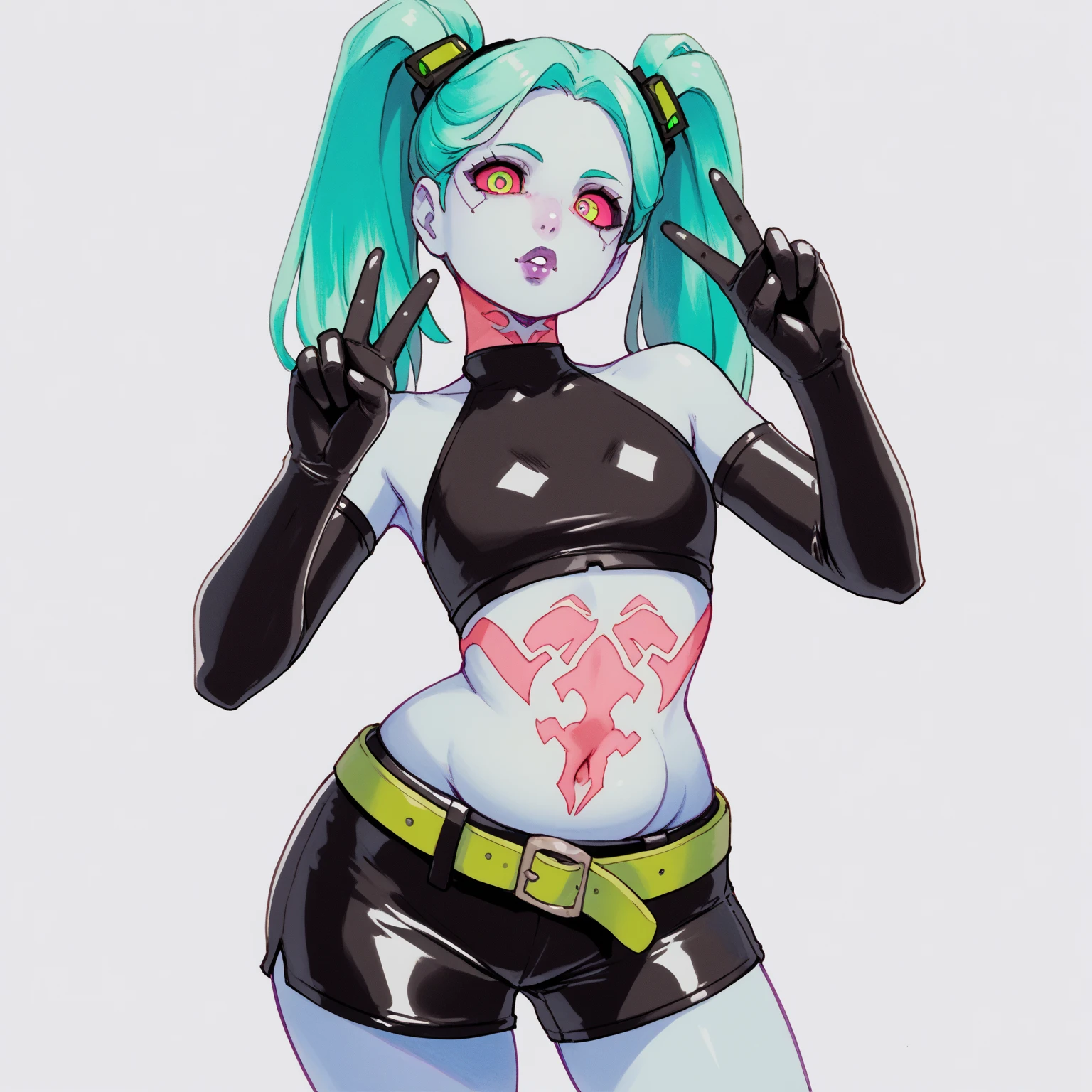 best quality: 1.1, rebecca, standing: 1.1, 1girl, solo, (shortstackbt), shorty girl, long hair, detailed green hair, green hair, pale skin, white skin, ((red sclera:1.5, green eyes: 1.3)), colored green eyes, smiling: 1.1, happy: 1.1, open mouth, (detailed teeth: 1.1), perfect face symmetry, artificial eyes, mechanical eyes, well-aligned eyes, extremely detailed face, ((wearing black bra, black panties, jacket)), detailed boots on feet BREAK ((middle finger, fuck you)) BREAK hands on the hips, ((intricate details on hands, intricate detailed fingers, 5 fingers at hands)), perfect_hands, detailed nails, bandeau, small breasts, black bra, stomach tattoo, neck tattoo, low twintails, detailed tattos, black hairband, leg tattoo, (dynamic pose): 1.3), close-up, ((simple white background))