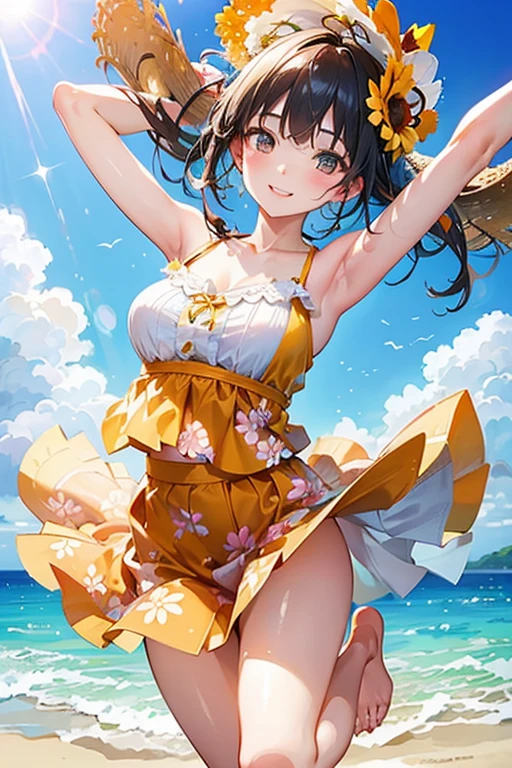 summer、Ocean、blue sky、Yellow Bikini、beautiful girl、sexy、Short Hair