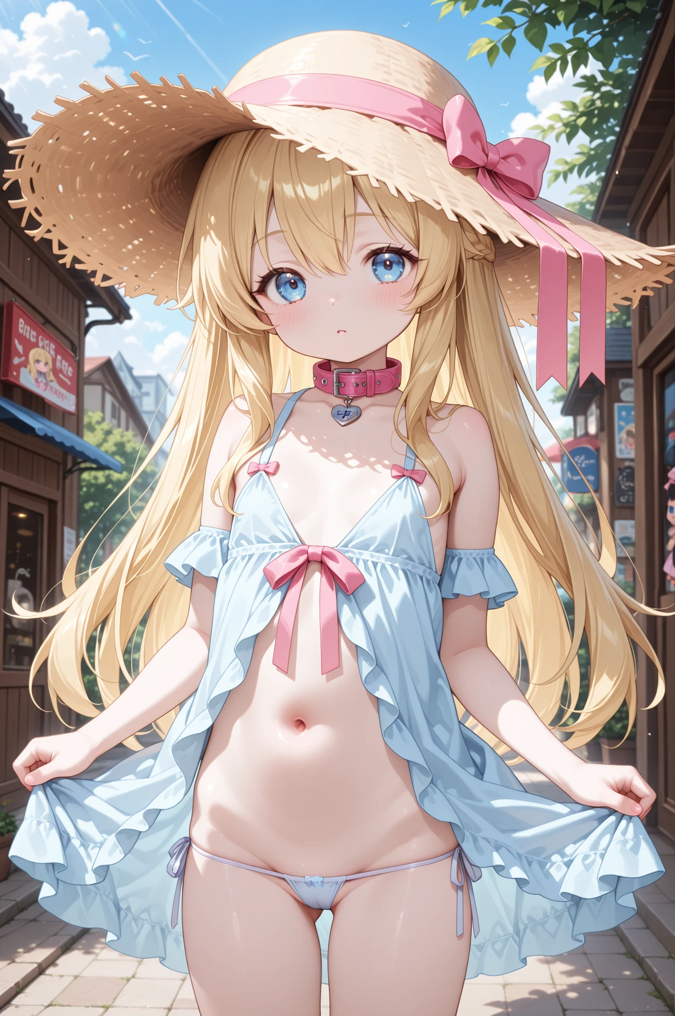 masterpiece, Highest quality, High Resolution, HS1,blush、smile,NSFW、On the road、White dress、Straw hat、Turn over your clothes