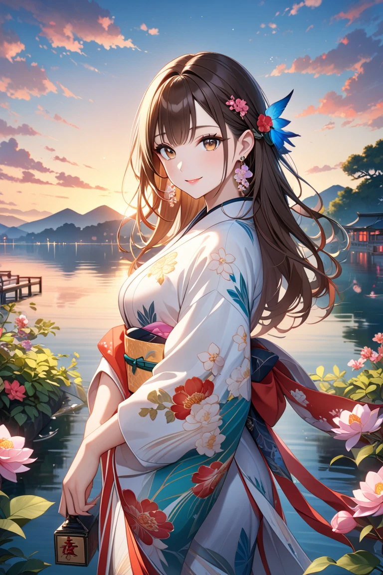 (Super beautiful woman in kimono)、((highest quality、8K masterpiece:1.3))、sharp focus:1.2、(super beautiful face:1.0)、(shiny skin:1.0)、realistic pictures、black hair、video writing、High resolution eyes and face、video writing、japanese actress、from the front、Medium chest、with a happy smile、The beauty of slender abs、whole body、wearing a kimono、cherry blossom in full bloom、luxury obi