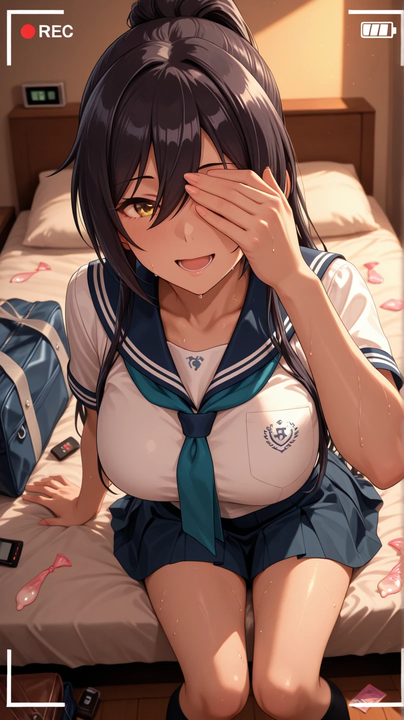 High school girl changing clothes in the health room,full of sweat、dripping sweat、small panties、full of sweat、ponytail、,((1man and 1woman,having sex)),doggystyle,on bed