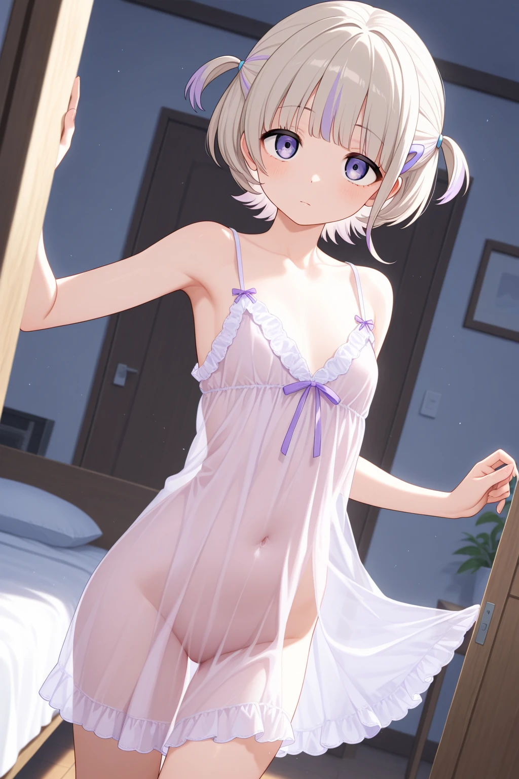 Cute loli, masterpiece, white hair, blonde eyes, pink panties, full body, hair, fair skin, side braids, in bed