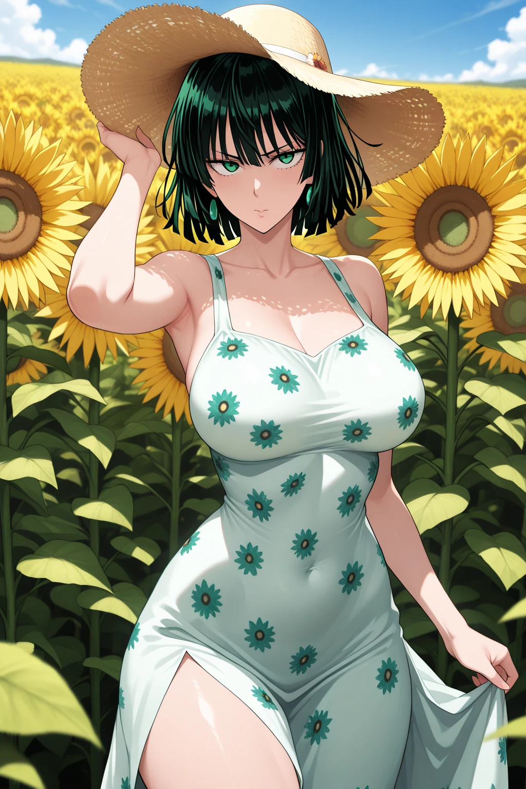 (full body, pov love style swimsuit) (beautifu fighterl body), (solo:2, 15 yo, ponytail green hair long hair sexy fighter girl, cute yellow eyes, love smile), (in a sunflower Embroidered one piece swimsuit, exposure wabisabi:1.3 love sunflower), break, in the Swimsuit contest venue, background Double Exposure beautiful ocean, BREAK, perfect anatomy, masterpiece, best quality, 16k, beautiful detailed love, sexy, daydreaming expression.