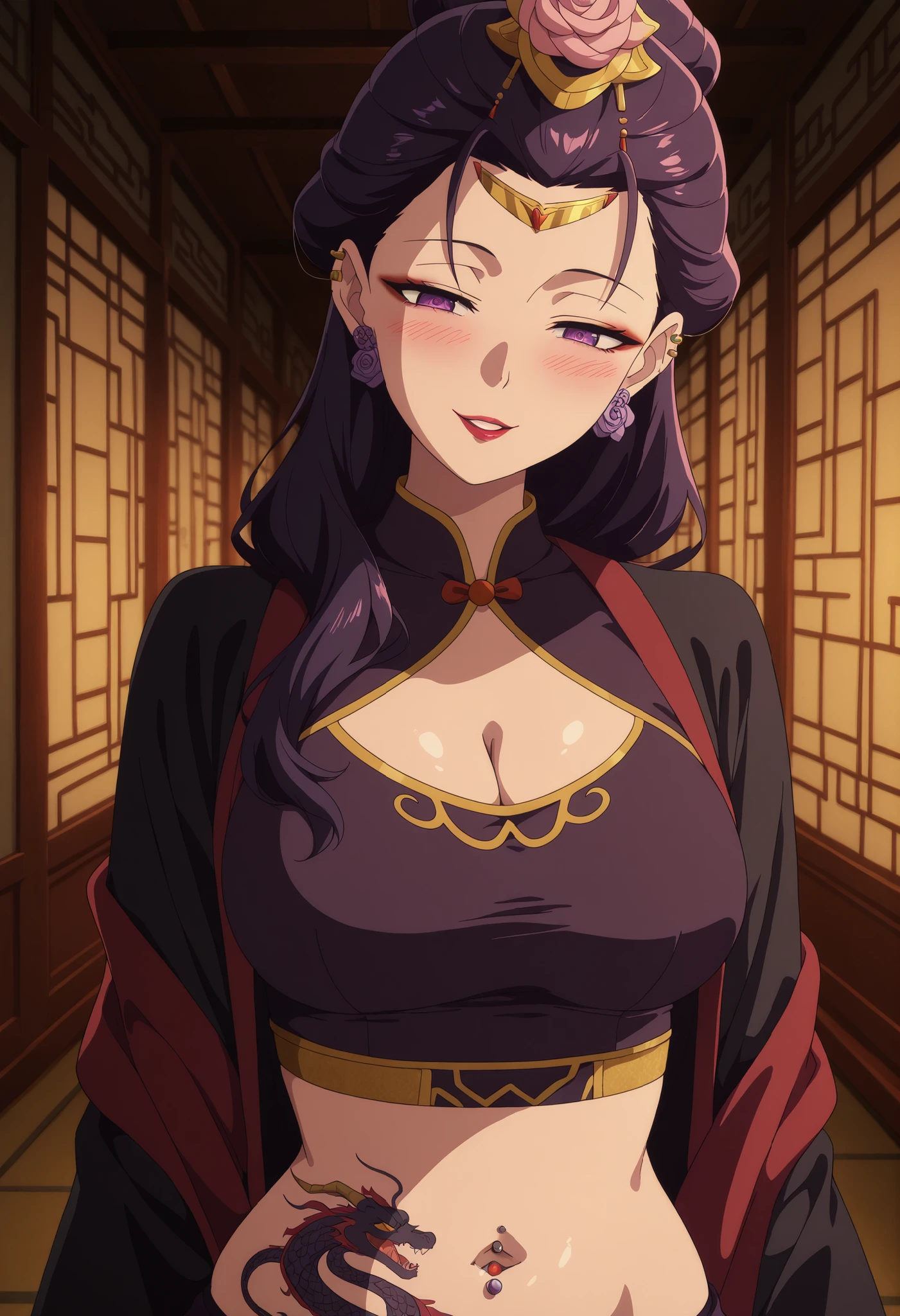 masterpiece, best quality, amazing quality, 1girl,
KJOanshi, purple hair, purple eyes, long hair, bangs, forehead, makeup, pink hair rose,
Dark Purple hanfu, black robe, red shawl, flower earrings,
, blush, =, parted lips,
night, east asian architecture, indoors, hallway, dark,
medium Breasts, mature female, ear piercing, long hair, blush, lipstick,Hot girl, baddie, , sensual, attractive ,, masterpiece,high
quality,4k,belly,,,cleavage, ,, smile, open
mouth, (nsfw) not safe for work, evil expression,belly, exposed navel, exposed midriff, cleavage cutout, navel piercing,
exposed lower belly,,dragon tattoo on waist, narrowed eyes,
tattoo on waist, anipai_style , anime screencap , anime coloring