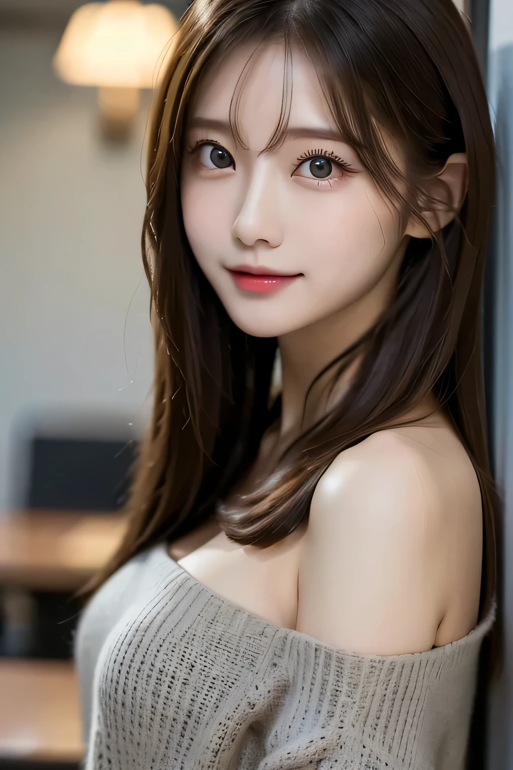 muste piece, highest quality, figure, super detailed, finely, High resolution, 8k wallpaper, 完璧なダイナミックな構figure, beautiful and fine eyes, long sleeve off shoulder,medium hair,small breasts,natural color lip, bold sexy pose,smile,latest office、20 year old girl、cute、sexy shot looking at camera,perfect and beautiful face and fingers,Take a close-up photo of your face,Take only the face、blur the background、anatomically and physiologically correct body、beautiful detailed face、perfect and beautiful double、small face