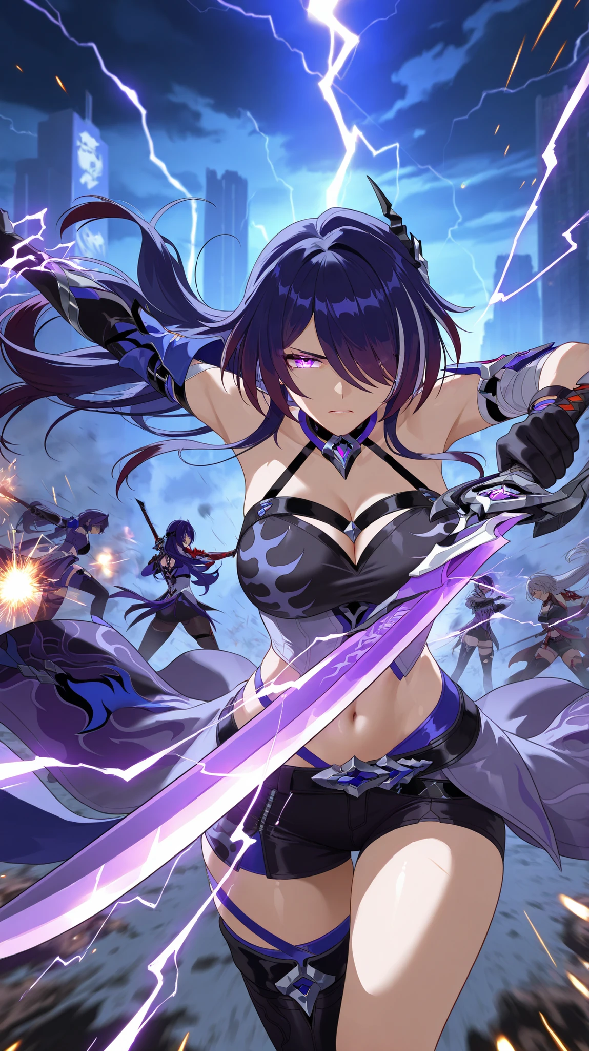 (((masterpiece, best quality, high detailed, 8k))) Design a layout showcase Gaming character, (1girl). Silver|Blue clothes, stylish and unique. ((showcase weapon:1.4)), lightning rod. (masterpiece:1.2), (best quality), 4k, ultra-detailed. (Step by step design, layout art:1.5), (luminous lighting, atmospheric lighting). storm mage, ((glove full hands)), (((revealing clothes:1.3))), vambraces, armored legwear, (((full_body_shot:1.4))). {During a thunderstorm}.