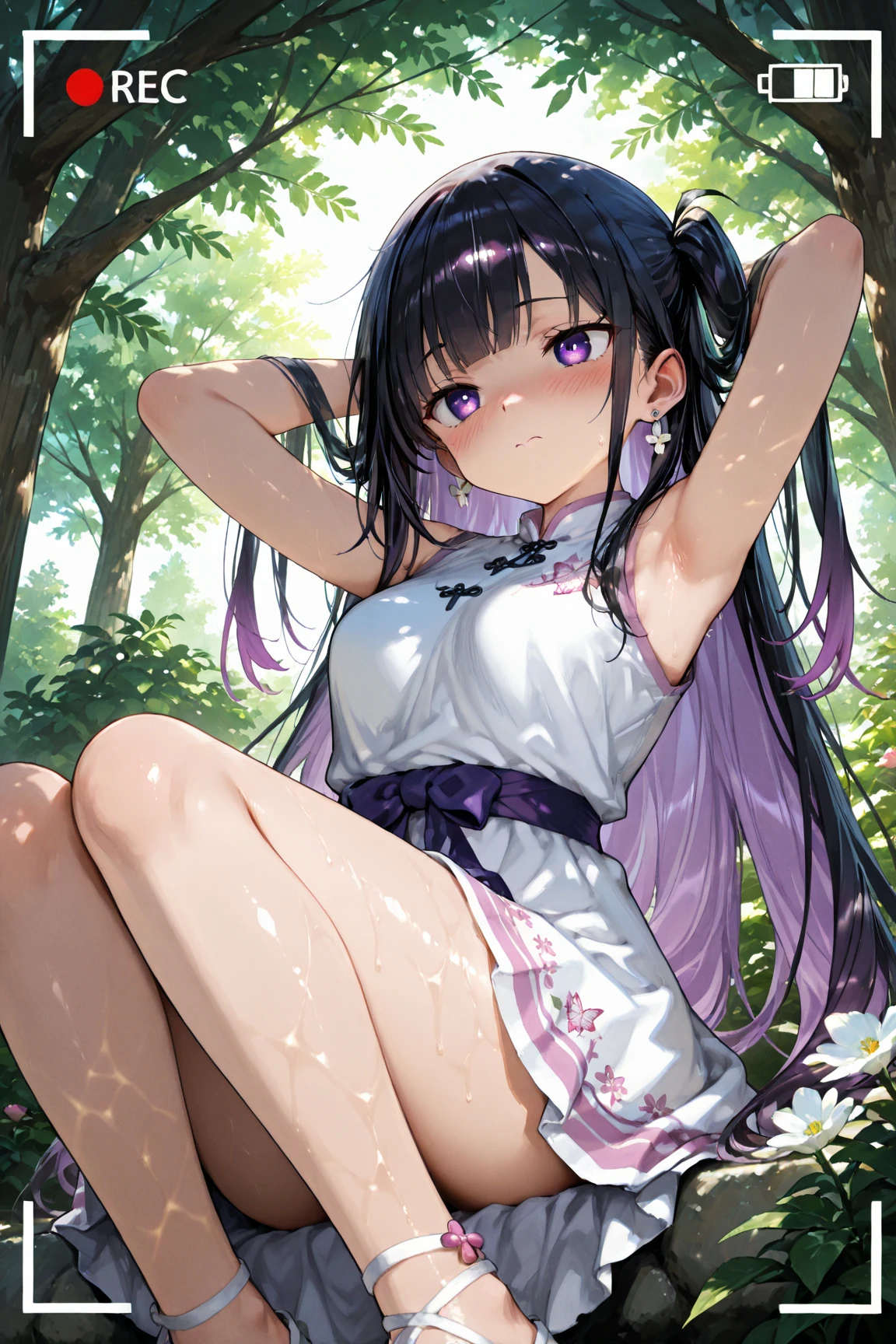 realistically, 1 girl, longhair, purple eyes, glowing eyes, white short skirt, Blush, daytime, sun light, Strapless, Wet from the rain, Seethrough, windy, Sit with your knees raised., armpit, pussy, crotch, nipples, shy